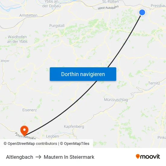 Altlengbach to Mautern In Steiermark map