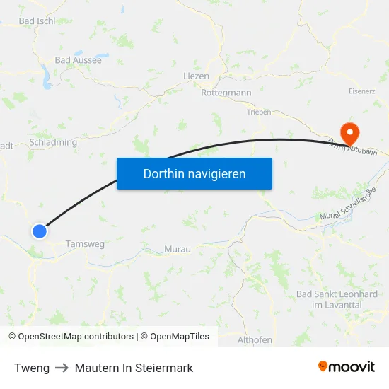 Tweng to Mautern In Steiermark map
