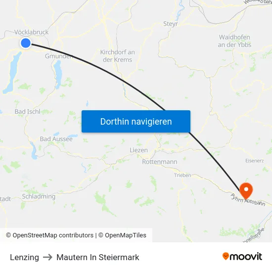 Lenzing to Mautern In Steiermark map
