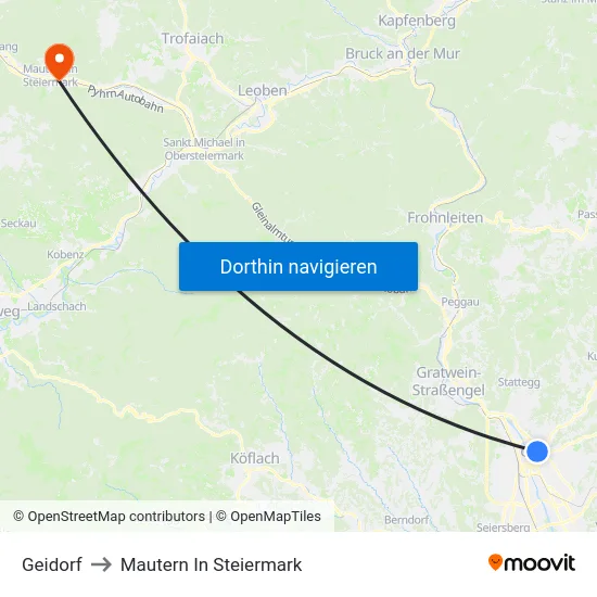 Geidorf to Mautern In Steiermark map