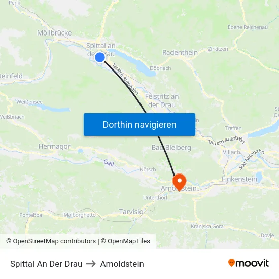 Spittal An Der Drau to Arnoldstein map