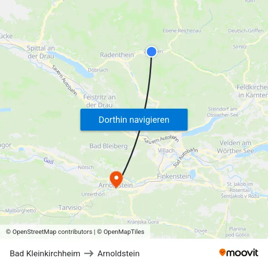 Bad Kleinkirchheim to Arnoldstein map