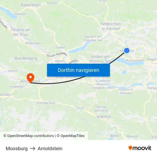 Moosburg to Arnoldstein map
