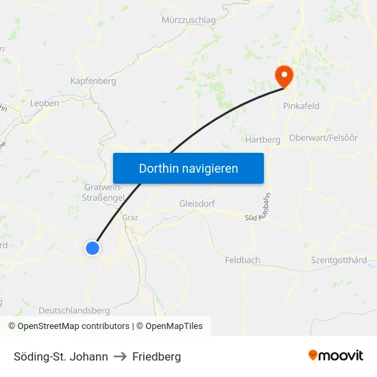 Söding-St. Johann to Friedberg map