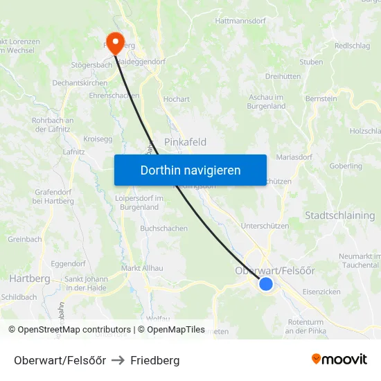 Oberwart/Felsőőr to Friedberg map