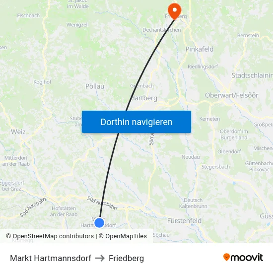 Markt Hartmannsdorf to Friedberg map
