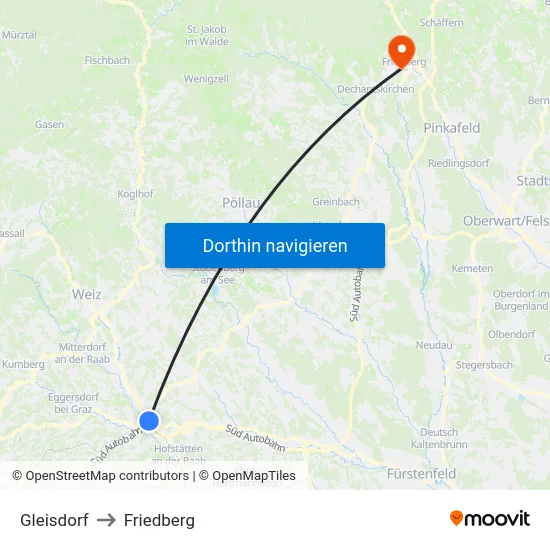 Gleisdorf to Friedberg map