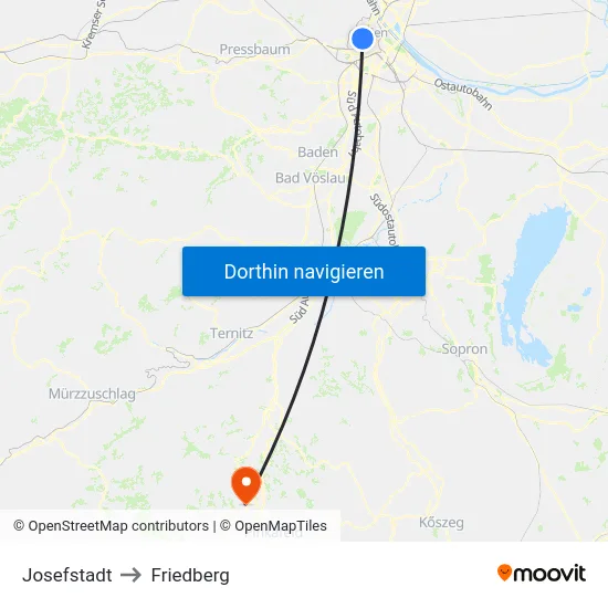Josefstadt to Friedberg map