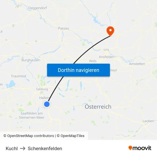 Kuchl to Schenkenfelden map