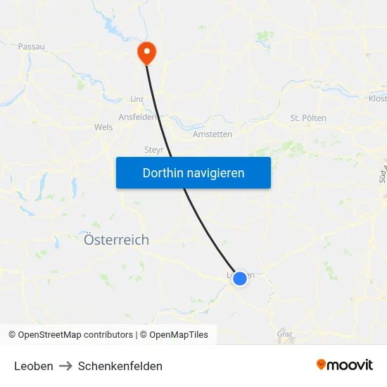 Leoben to Schenkenfelden map