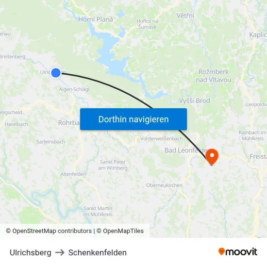 Ulrichsberg to Schenkenfelden map
