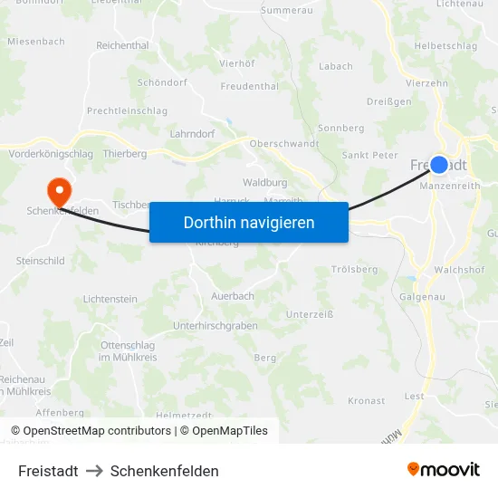 Freistadt to Schenkenfelden map