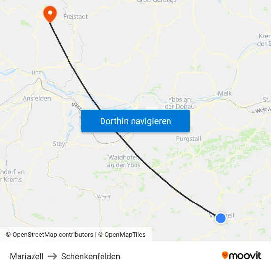 Mariazell to Schenkenfelden map