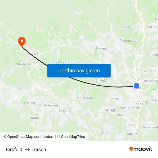 Birkfeld to Gasen map