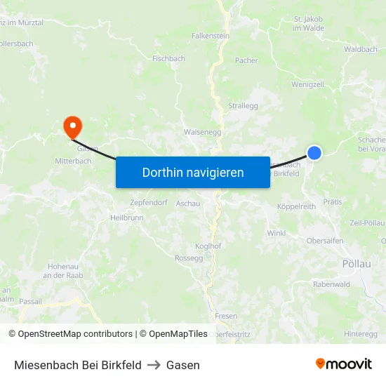 Miesenbach Bei Birkfeld to Gasen map
