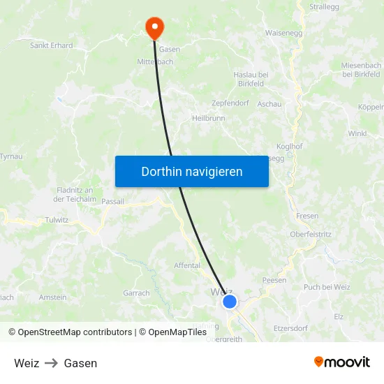 Weiz to Gasen map