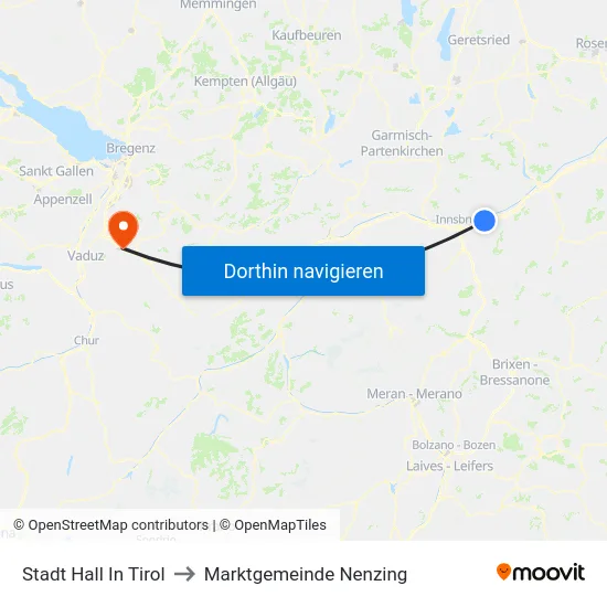 Stadt Hall In Tirol to Marktgemeinde Nenzing map