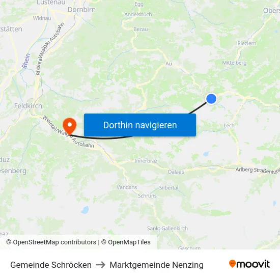 Gemeinde Schröcken to Marktgemeinde Nenzing map