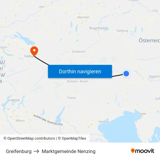 Greifenburg to Marktgemeinde Nenzing map