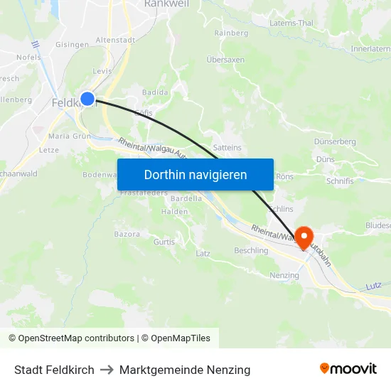 Stadt Feldkirch to Marktgemeinde Nenzing map
