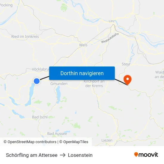 Schörfling am Attersee to Losenstein map