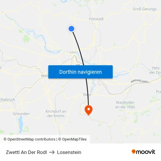 Zwettl An Der Rodl to Losenstein map