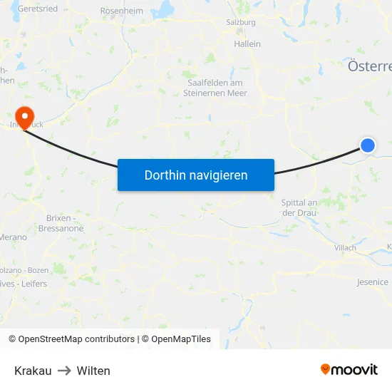 Krakau to Wilten map