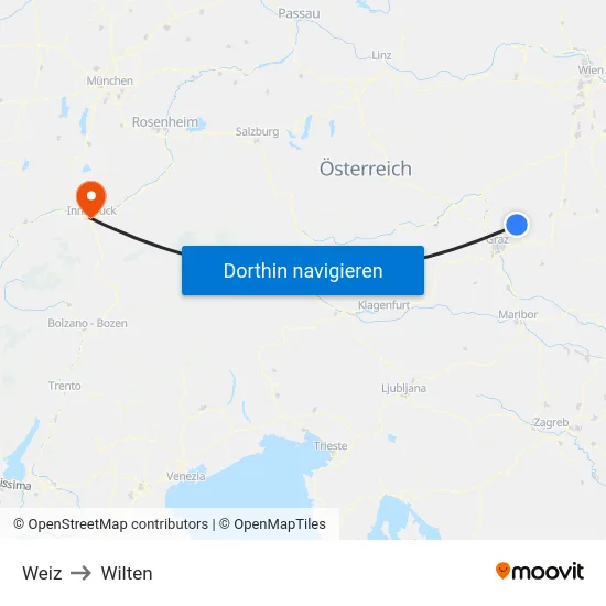 Weiz to Wilten map
