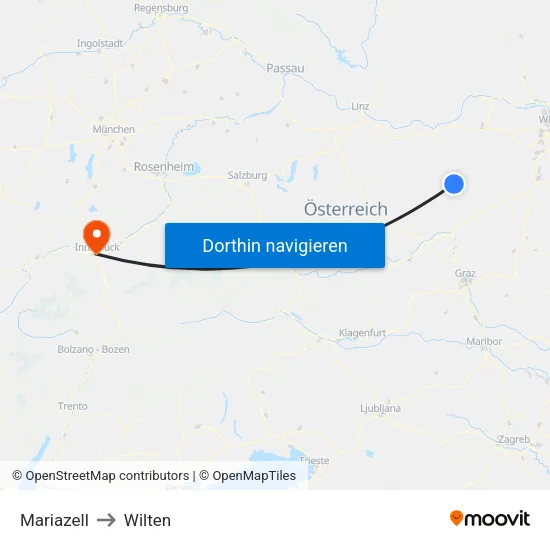 Mariazell to Wilten map