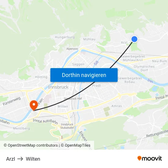 Arzl to Wilten map
