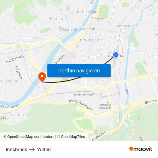 Innsbruck to Wilten map