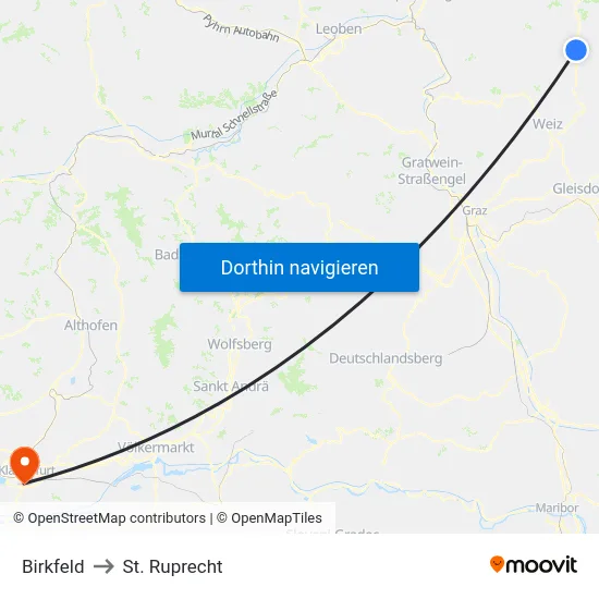 Birkfeld to St. Ruprecht map
