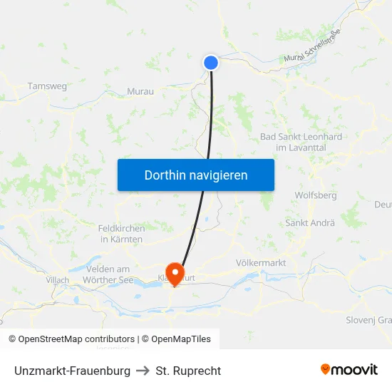 Unzmarkt-Frauenburg to St. Ruprecht map