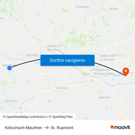 Kötschach-Mauthen to St. Ruprecht map