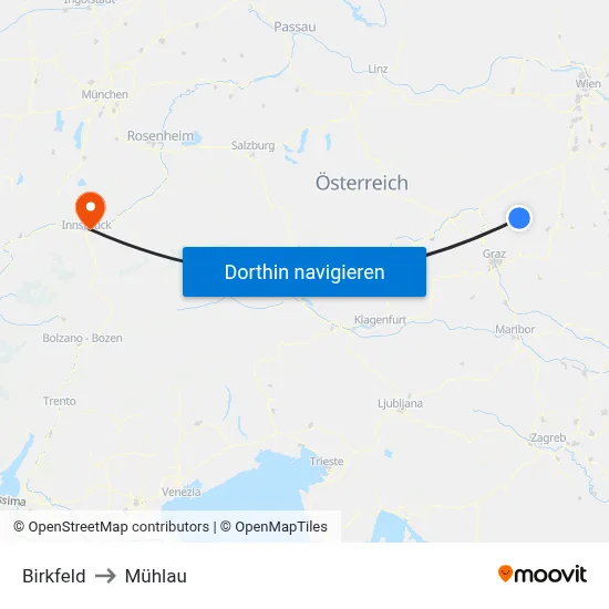 Birkfeld to Mühlau map