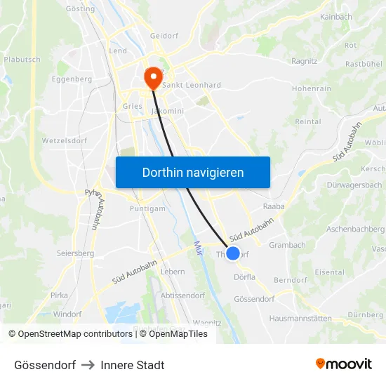 Gössendorf to Innere Stadt map