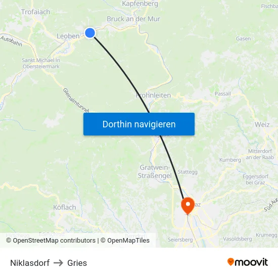Niklasdorf to Gries map