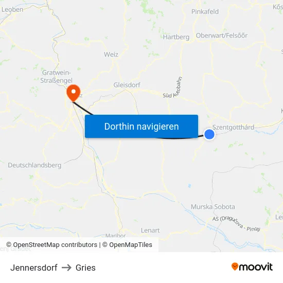 Jennersdorf to Gries map