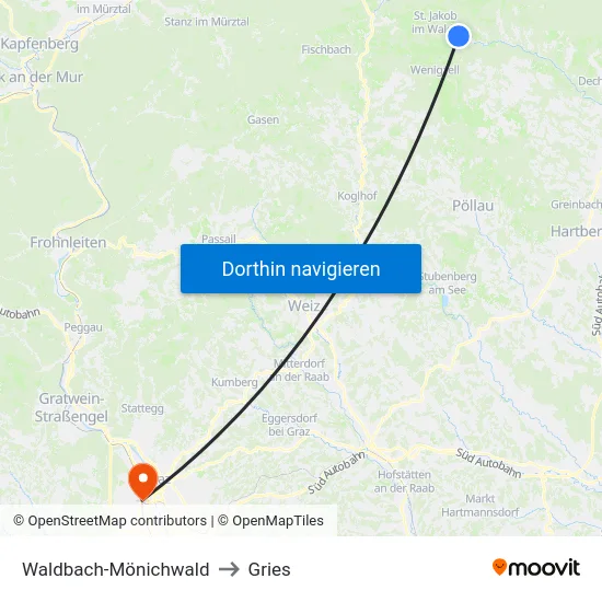 Waldbach-Mönichwald to Gries map