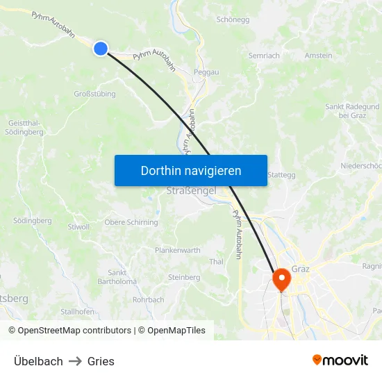 Übelbach to Gries map