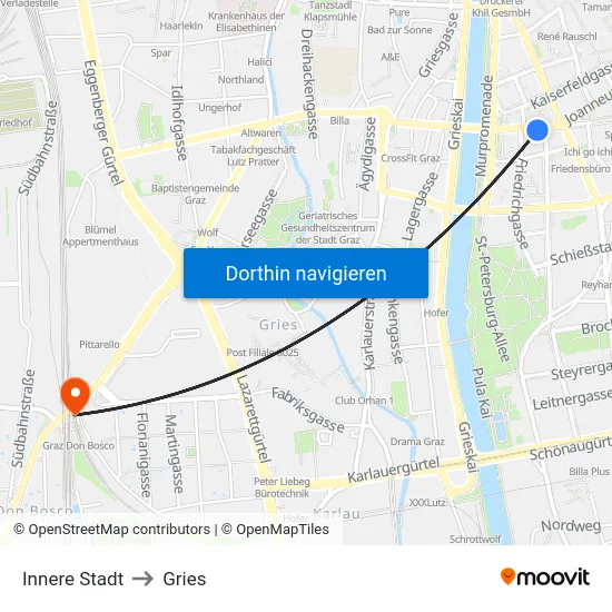Innere Stadt to Gries map