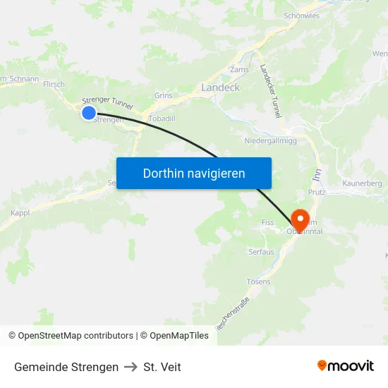 Gemeinde Strengen to St. Veit map