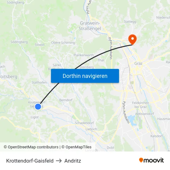 Krottendorf-Gaisfeld to Andritz map