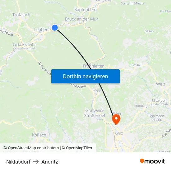 Niklasdorf to Andritz map