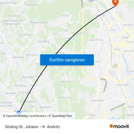 Söding-St. Johann to Andritz map