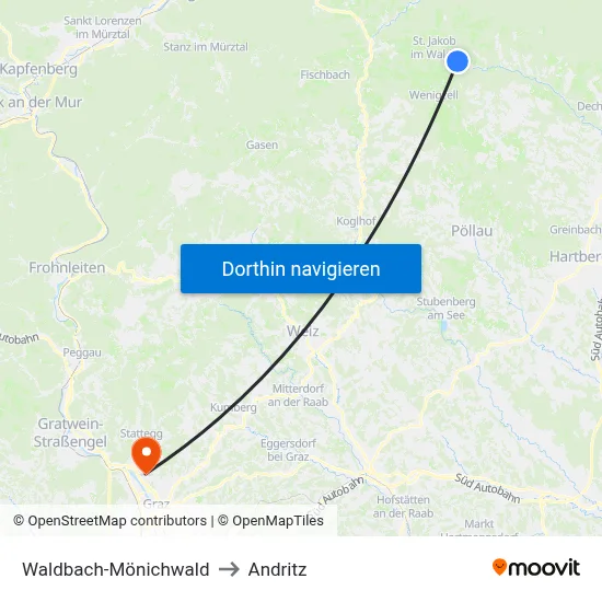 Waldbach-Mönichwald to Andritz map