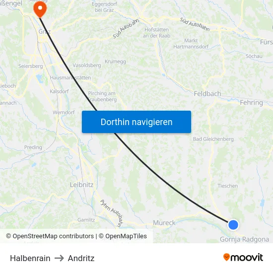 Halbenrain to Andritz map