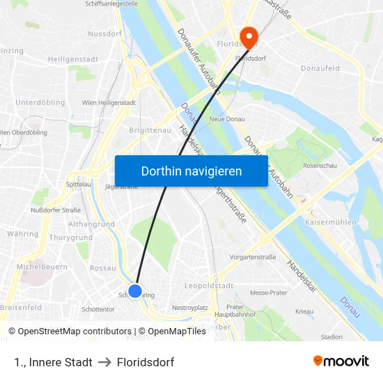 1., Innere Stadt to Floridsdorf map