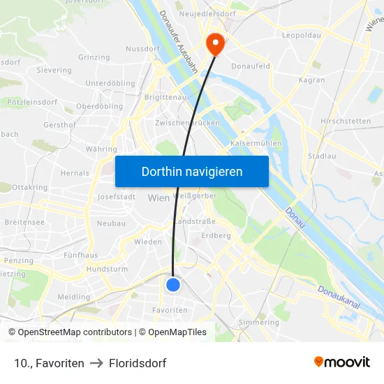 10., Favoriten to Floridsdorf map