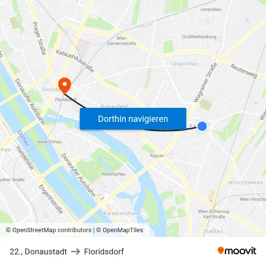 22., Donaustadt to Floridsdorf map
